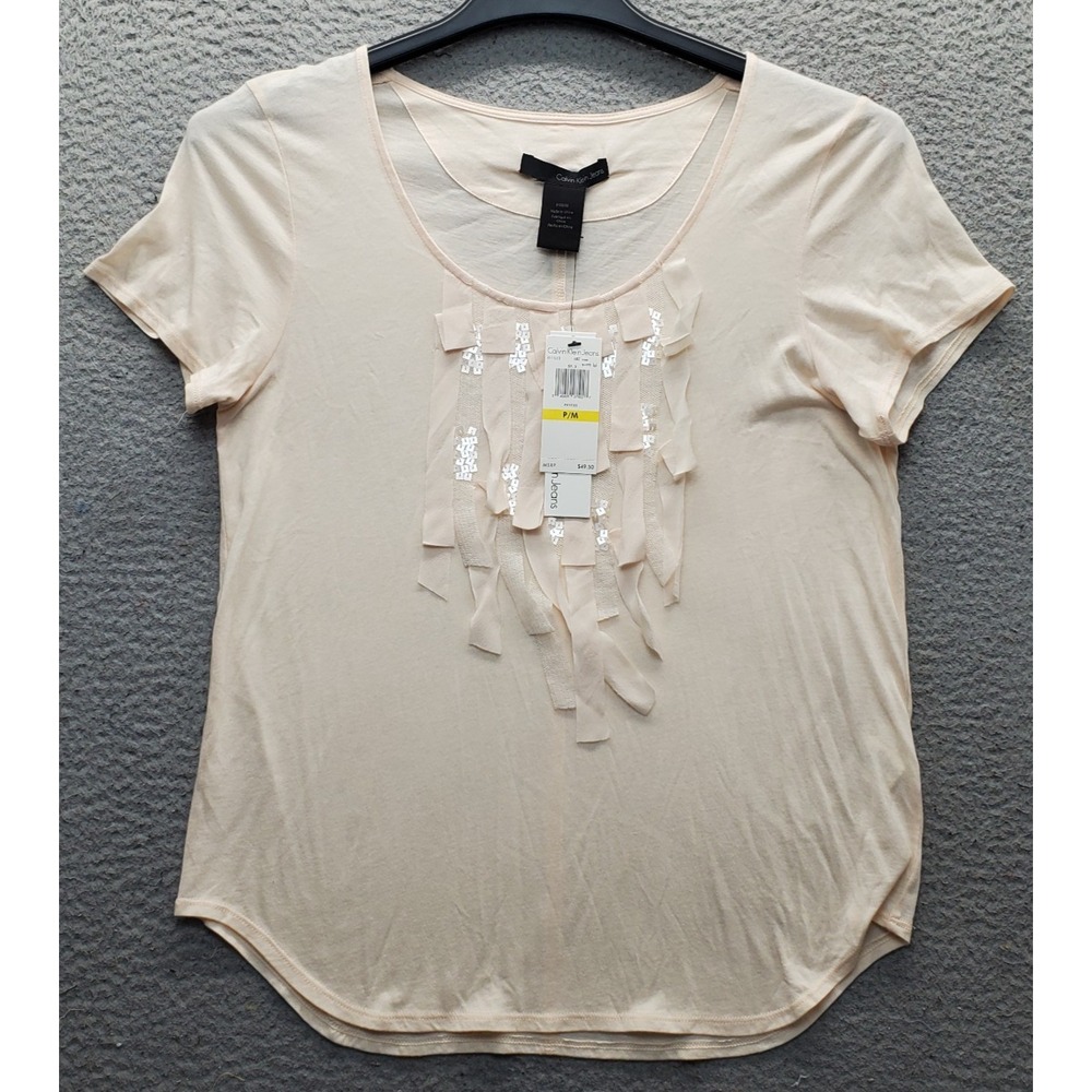Calvin Klein Jeans T-Shirt Womens Petite PM Pink Quartz Sequin Detail Pullover